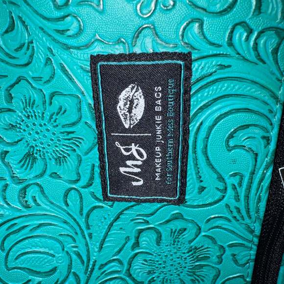 Makeup Junkie Turquoise Dream Tooled Vegan Leather Flat Cosmetic Bag with Tassel - Picture 2 of 4
